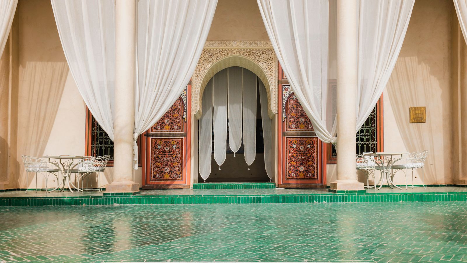 Elegant Courtyard with Green Mosaic Tiles at Le Jardin Secret Marrakech