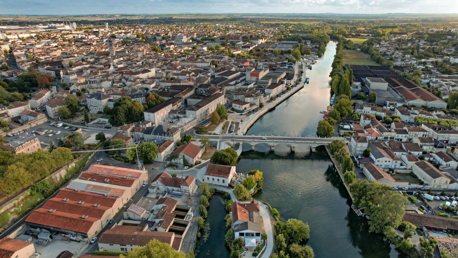 Aerial view of Cognac, France, with the Charente River