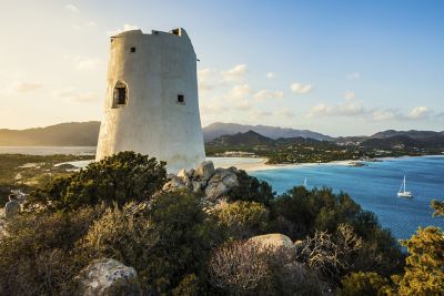 Saracen tower ruins overlooking the Mediterranean Sea in Villasimius