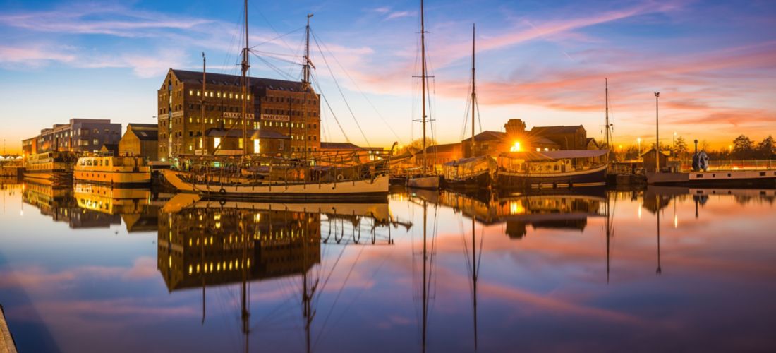 Gloucester Docks at Sunset: Sailing Ships and Victorian Splendor