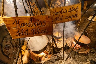 Steaming cauldrons of wine and cider at a Christmas market in Riga, Latvia