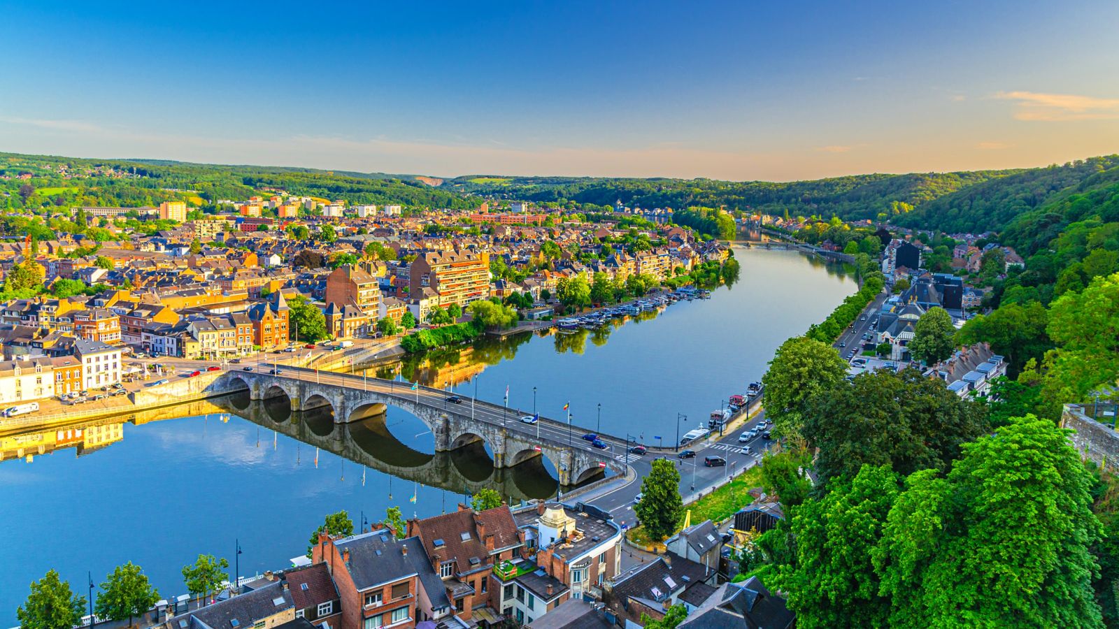 Sunrise over Namur: Cityscape with Meuse River and Pont de Jambes Bridge