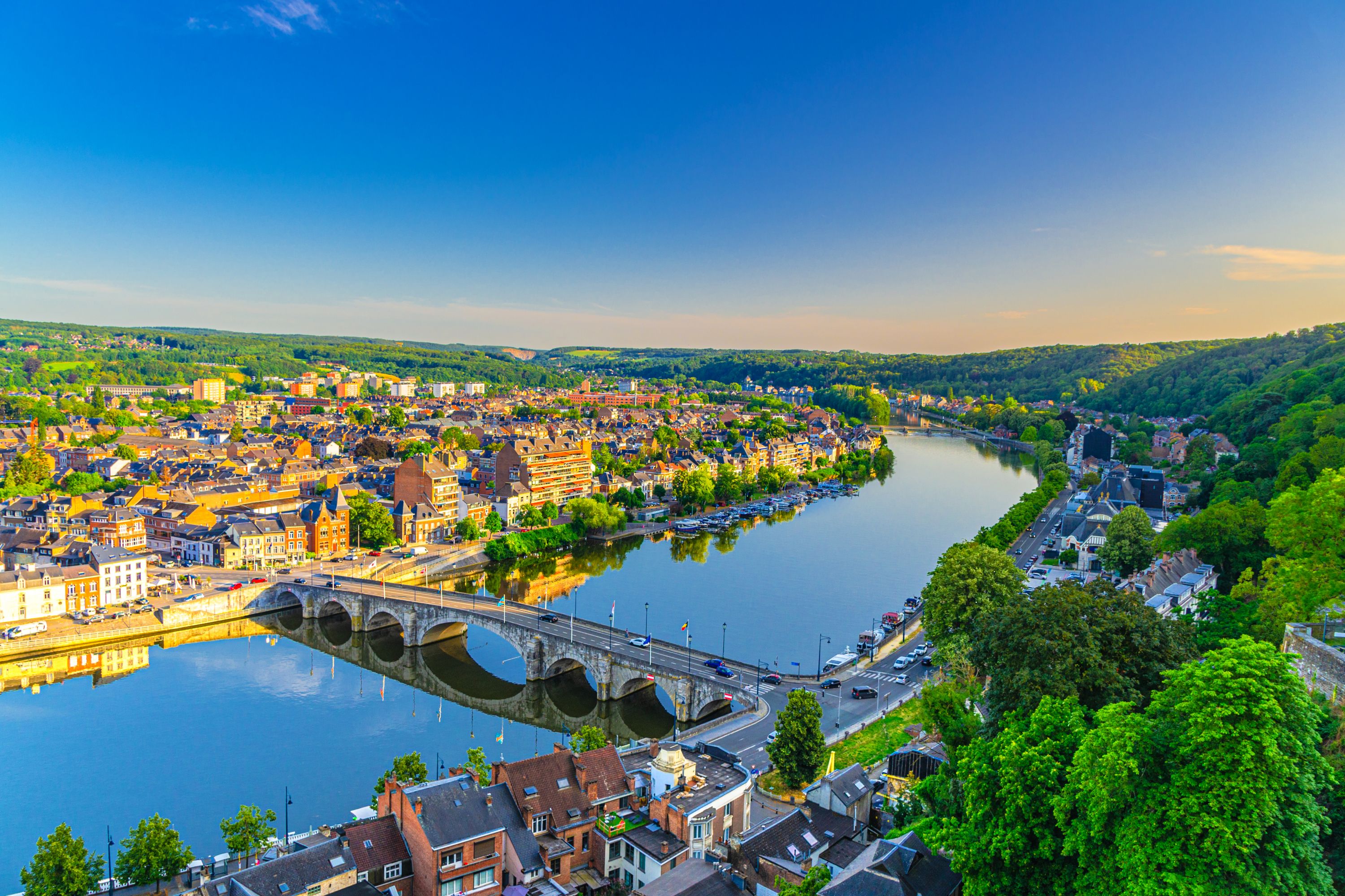 Sunrise over Namur: Cityscape with Meuse River and Pont de Jambes Bridge