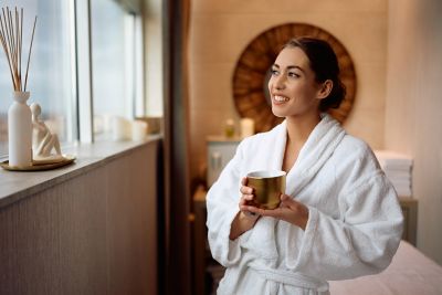 A wellness seeker enjoying a warm drink in a spa