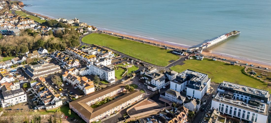 Aerial: Paignton Town Centre to Beach and Pier