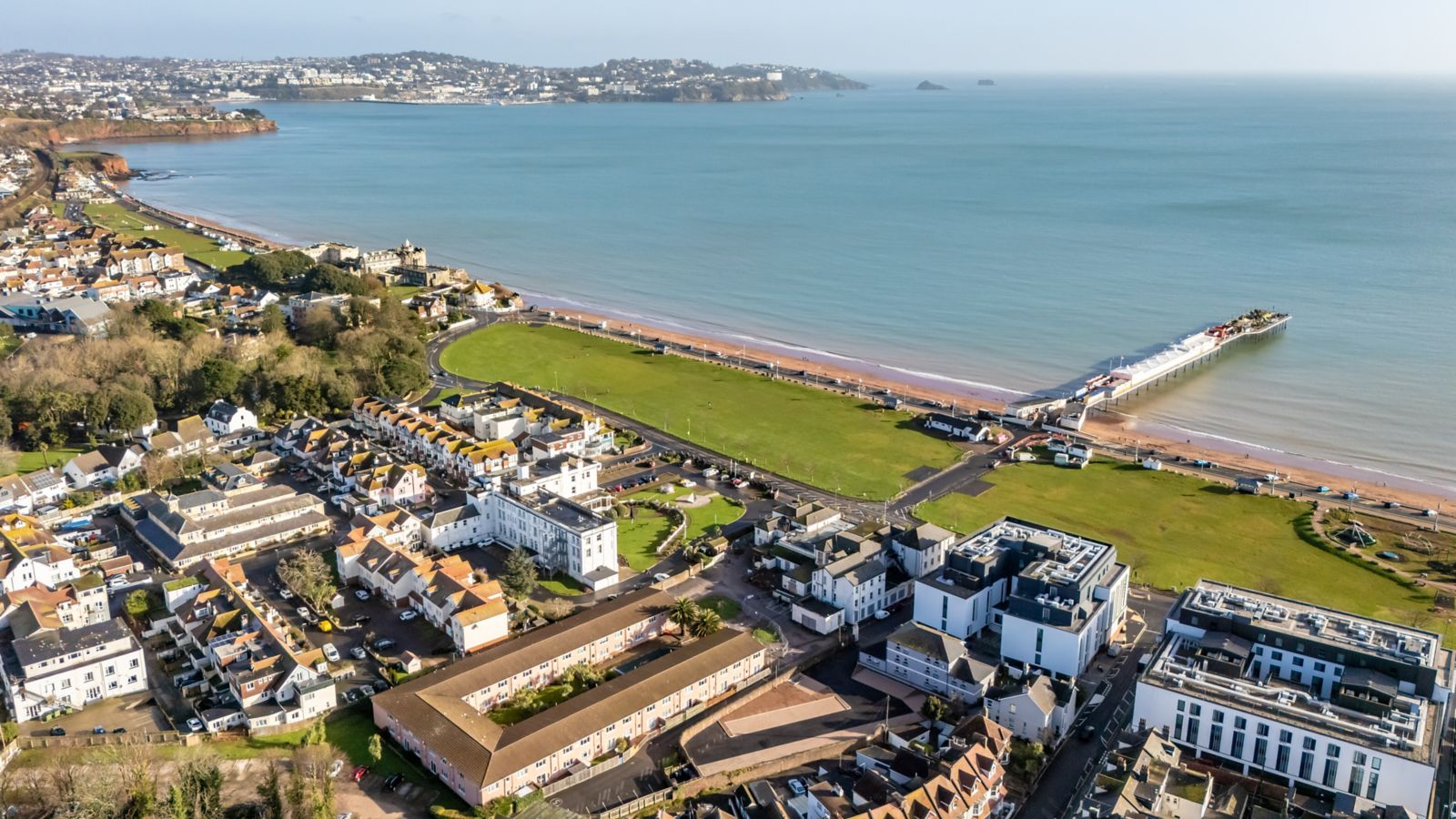 Aerial: Paignton Town Centre to Beach and Pier