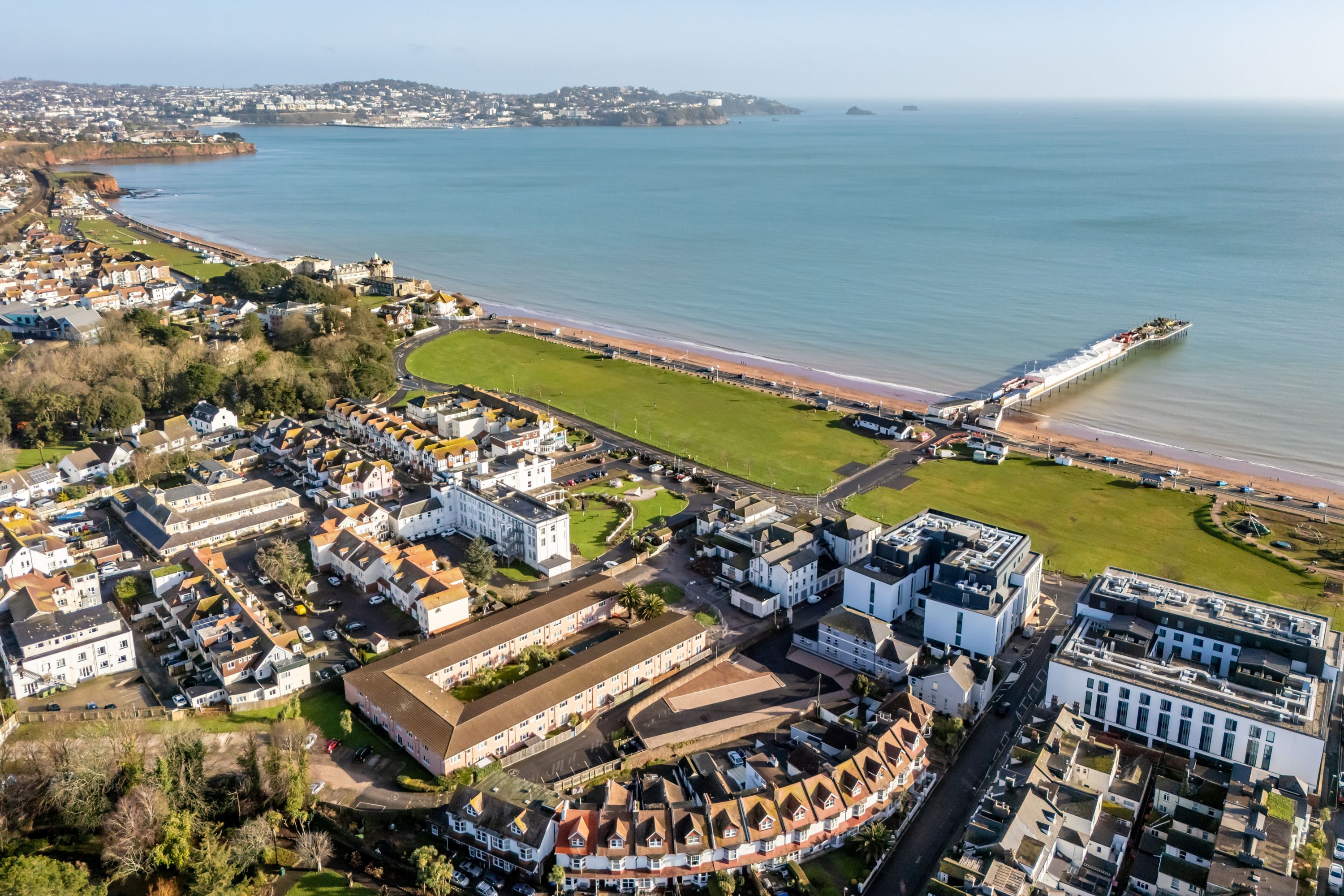 Aerial: Paignton Town Centre to Beach and Pier