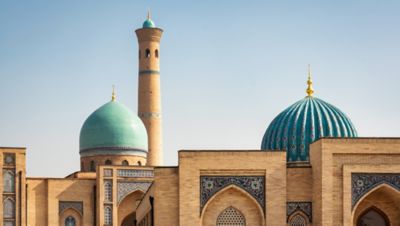 The blue domes and graceful minaret of the Hazrati Imam Complex in Tashkent