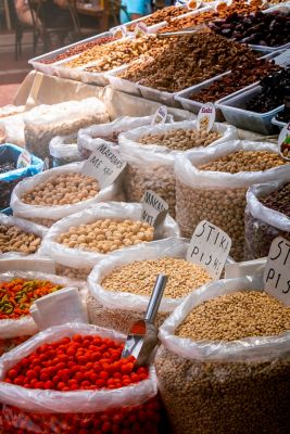 A stall selling nuts and dried fruit at Pazari i Ri market in Tirana
