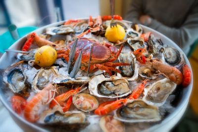 A cold mixed seafood platter at a restaurant in Cannes, France