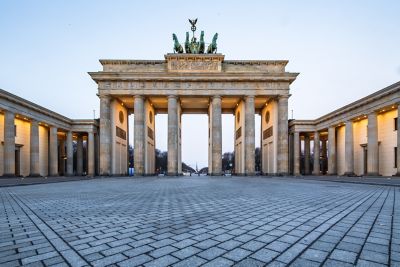 Berlin's impressive Brandenburg Gate, bathed in golden light