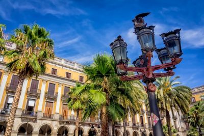 Gaudí's fantastical cast-iron street lamps on Plaça Reial in Barcelona