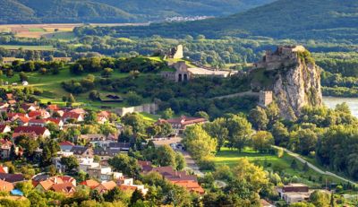 Ruins of medieval Castle Devin amid green countryside near Bratislava