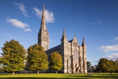 Medieval Salisbury Cathedral in Wiltshire, with its soaring church spire