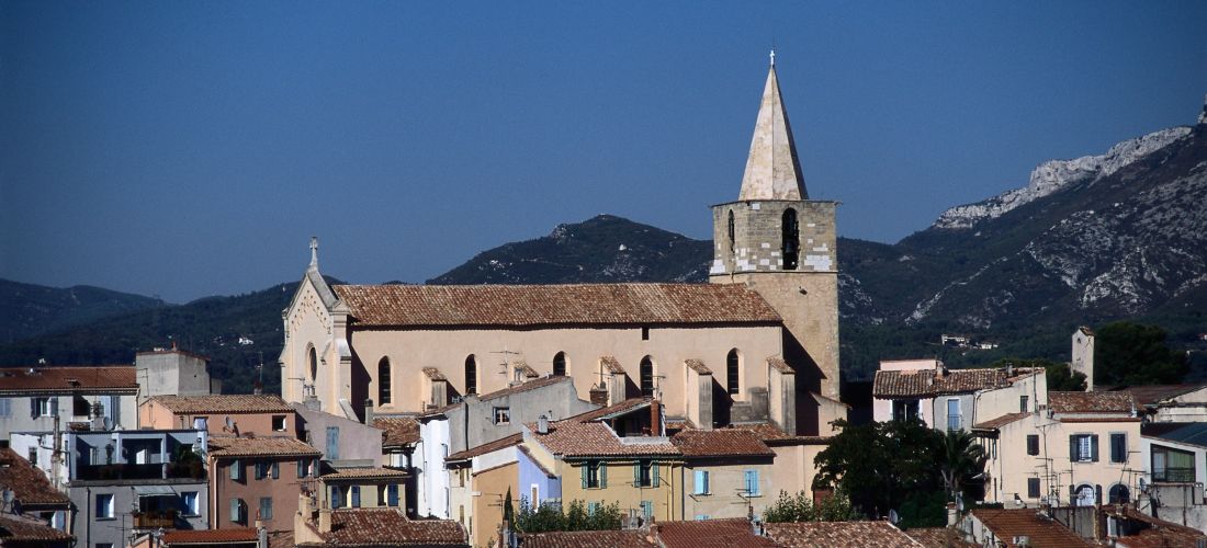 Aubagne Townscape: Church Spire and Colorful Houses