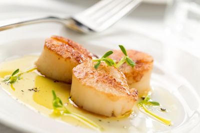 Seared scallops in olive oil on a white plate at a fine dining restaurant