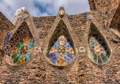 Colourful mosaics and windows at the Gaudí-designed crypt at Colònia Güell, Barcelona