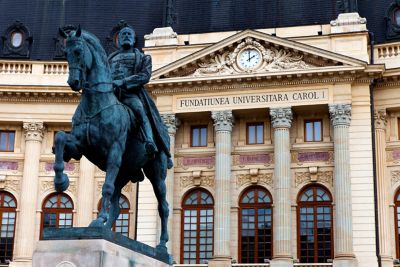 An equestrian statue in front of the Central University Library in Bucharest, Romania