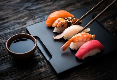 An assortment of nigiri sushi, commonly eaten in Japanese restaurants in Paris 