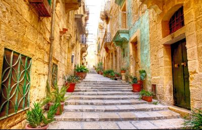 A pedestrian street in Valletta, Malta, lined with stone buildings and plant pots