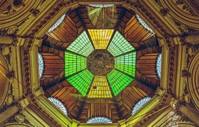 The yellow glass roof in the Macca-Villacrosse Passage in Bucharest Old Town