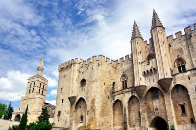 The fortress-like exterior of the Palais des Papes in Avignon, France