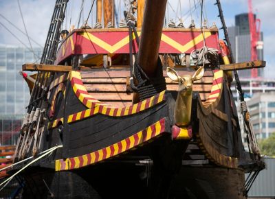 The Golden Hinde galleon, with jaunty red-and-yellow stripes, near Borough Market in London