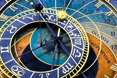 The intricate, blue-and-gold astronomical clock at Prague's Old Town Hall