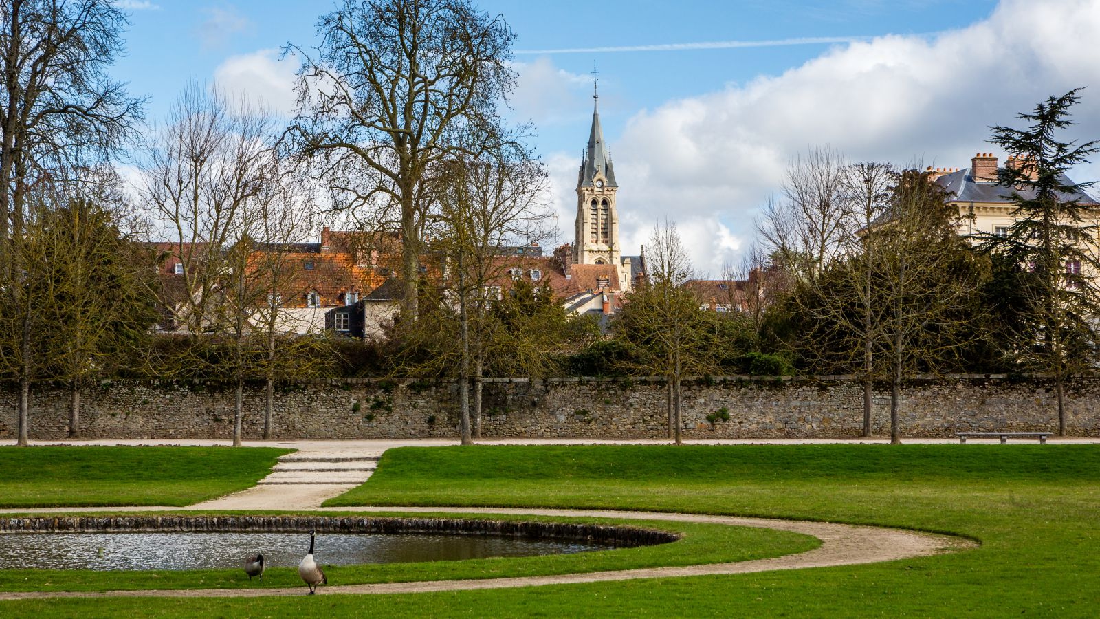 Park with Geese and Church, Rambouillet, France