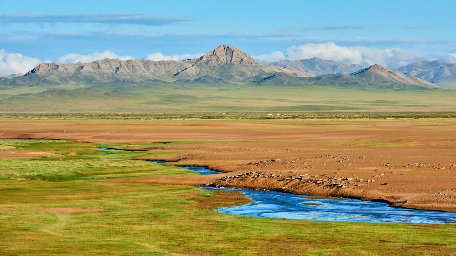Mongolian Steppe Landscape with River and Mountains