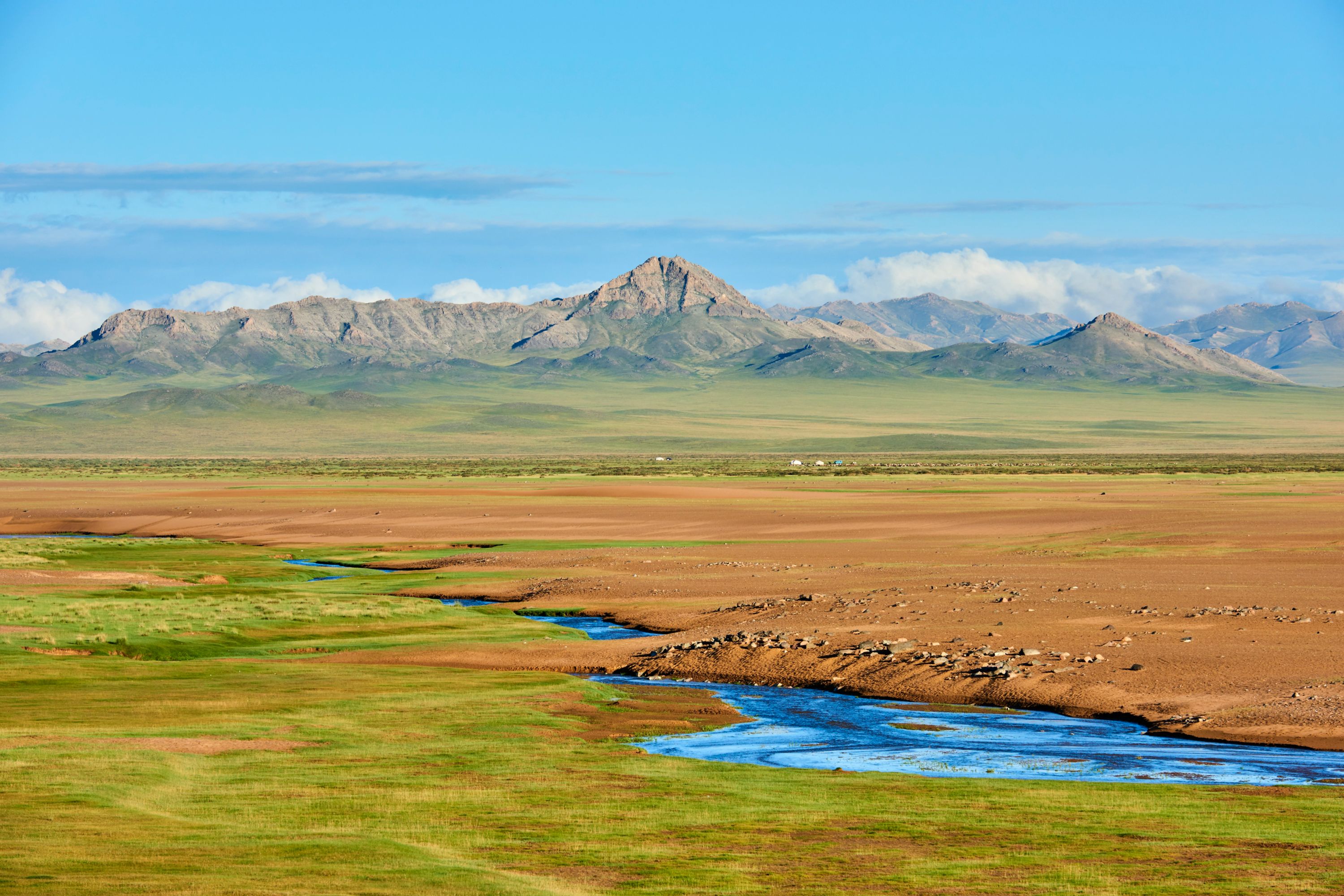 Mongolian Steppe Landscape with River and Mountains