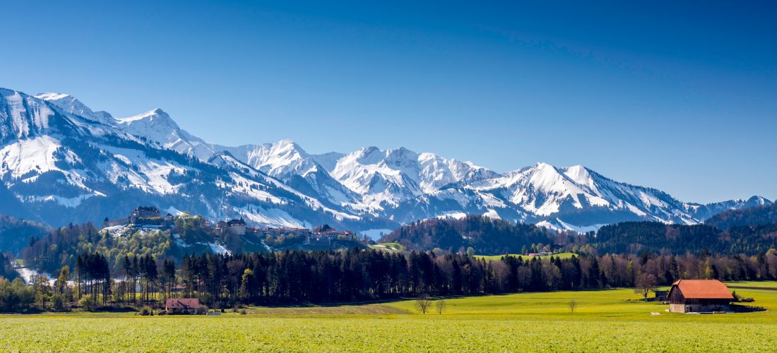 Springtime View of Gruyères Village and the Vanils Mountains