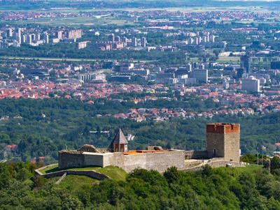Medieval Medvedgrad fortress perched on Medvednica mountain overlooking Zagreb