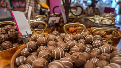 Delicious chocolates on display in a shop in Bruges, Belgium