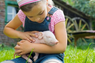 A child gently cuddling and stroking a piglet outdoors