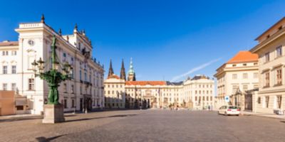 Historic Prague Castle, overlooking a wide, empty square, in Hradčany district