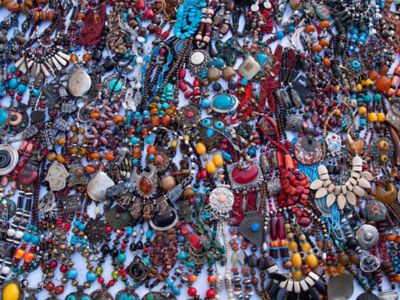 A jumble of colourful necklaces at a flea market stall in Casablanca, Morocco