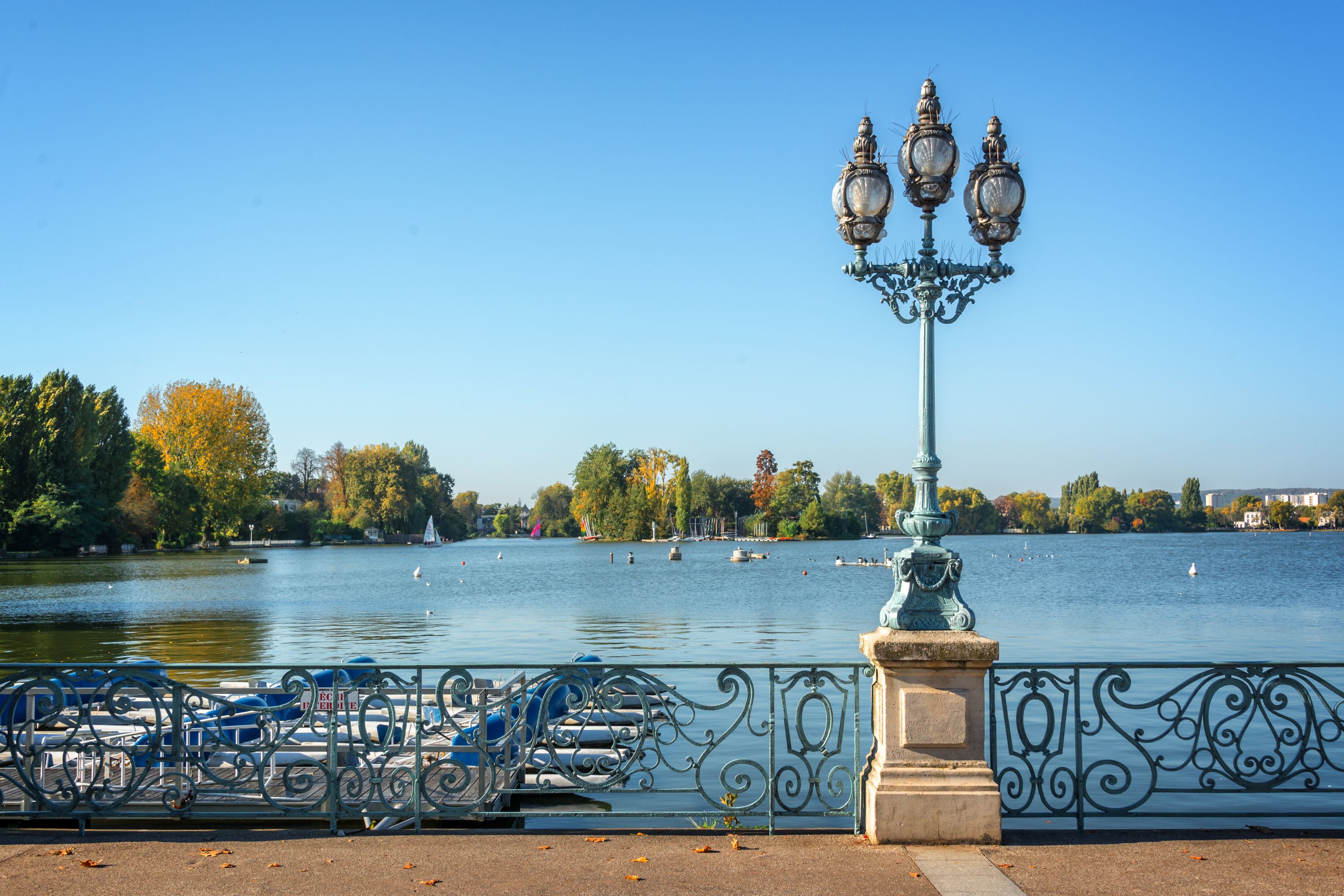 Vintage Lamppost Overlooking Lake Enghien les Bains, France