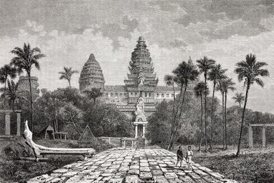 Road and main entrance to Angkor Wat, Cambodia, drawing by Guiaud from a sketch by Mouhot, from Travels in the central parts of Indo-China (Siam), Cambodia, and Laos, by the naturalist Henri Mouhot, 1858- 1861, Part Two, from Il Giro del mondo (World Tour), Journal of geography, travel and costumes, Volume III, Issue V, February 2, 1865.