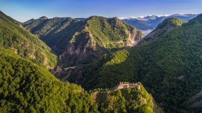 Poenari Castle ruins perched in the Romanian mountains