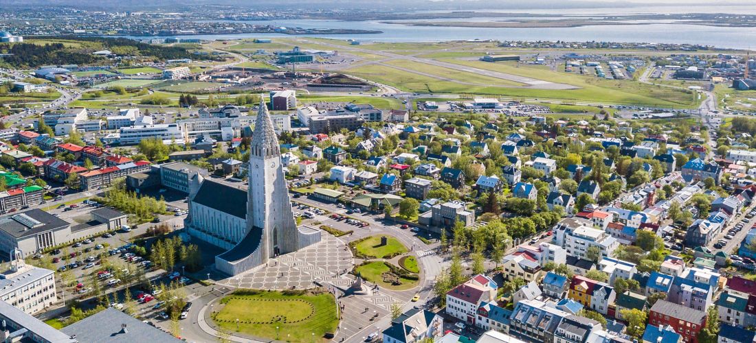 Aerial view of Reykjavik with Hallgrimskirkja church