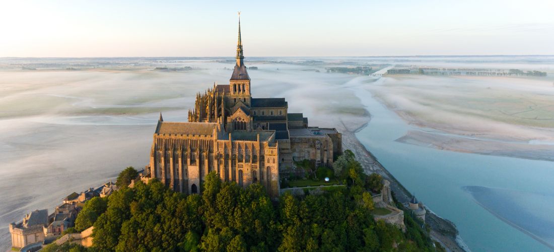 Aerial Sunset over Mont Saint-Michel during High Tide