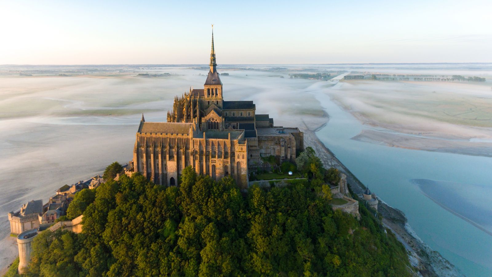 Aerial Sunset over Mont Saint-Michel during High Tide