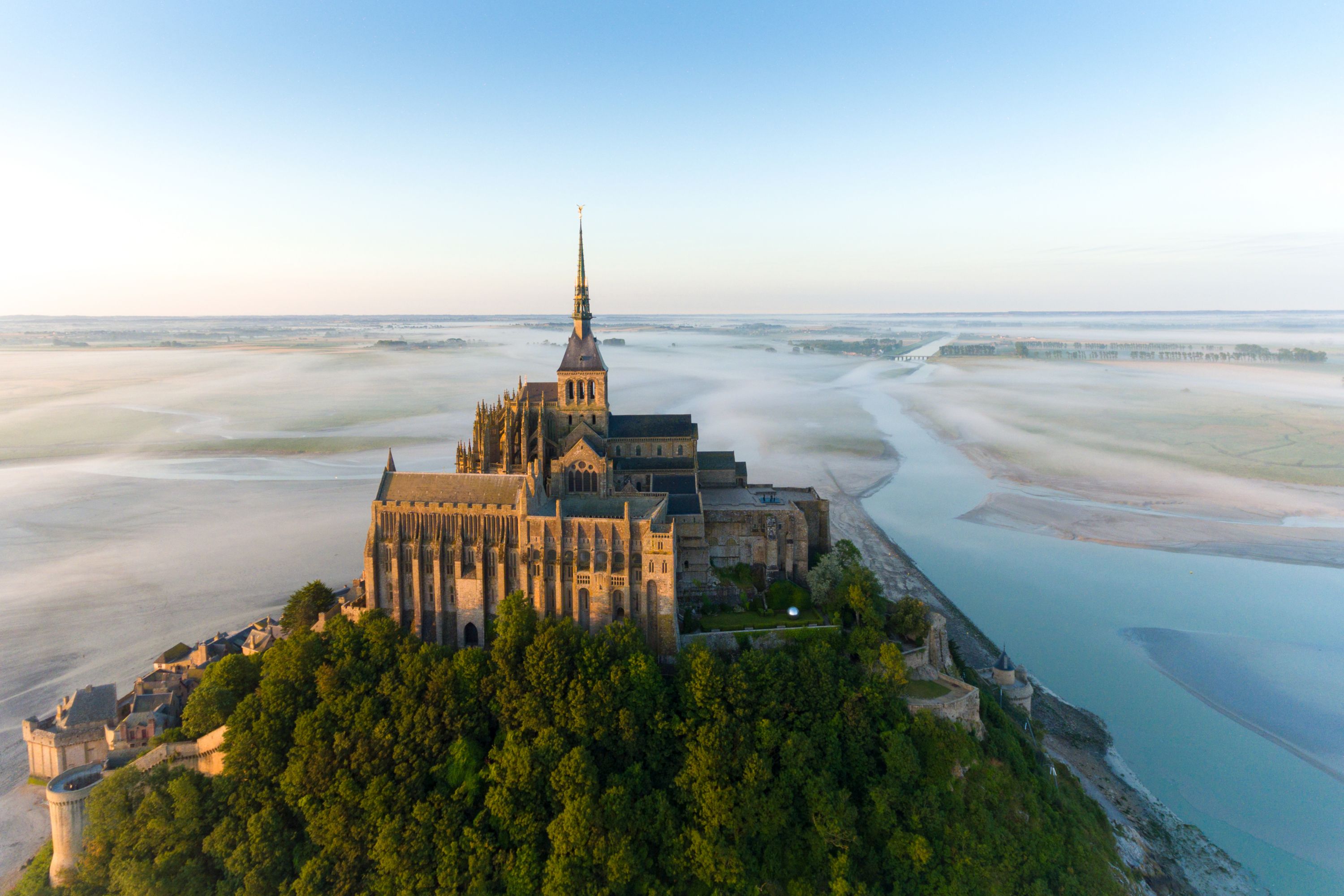 Aerial Sunset over Mont Saint-Michel during High Tide