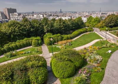 The Paris skyline, with the Eiffel Tower and rooftops, from hilly Parc de Belleville
