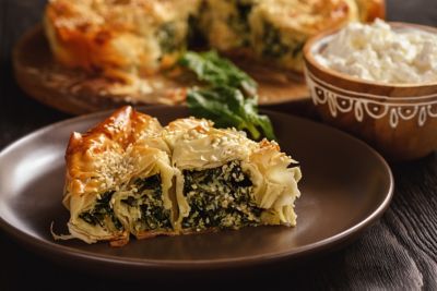 Byrek pastry filled with cheese and spinach, a classic food in Albania