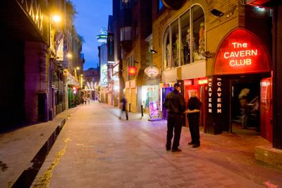 The illuminated street outside The Cavern Club in Liverpool