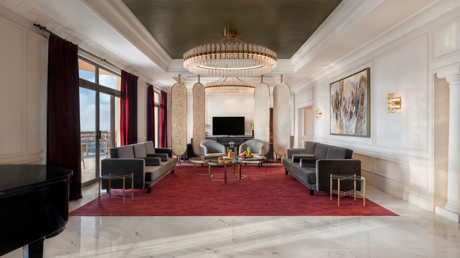 Opulent Hotel Suite with City View and Grand Piano