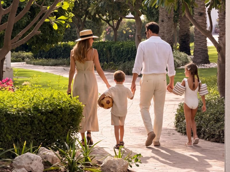 Happy family of four enjoying a sunny day at the beach at Sofitel Bahrain Zallaq Thalassa Sea & Spa, with both parents playfully walking next to their children in the garden