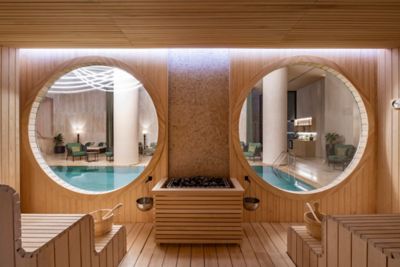 The tranquil sauna overlooking the pool at Pürovel Spa in Swissôtel Tbilisi